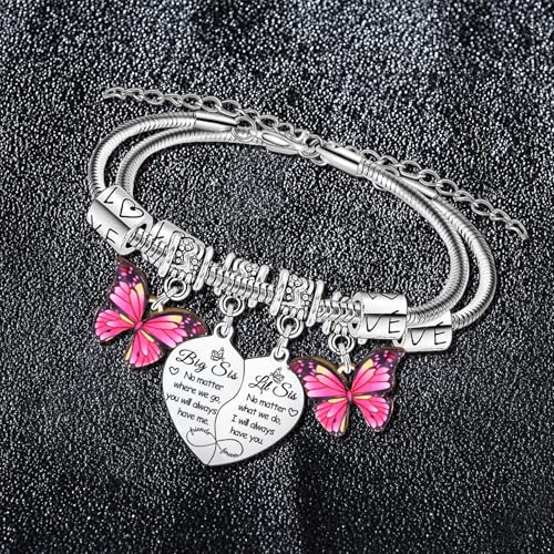 BESPMOSP 2PCs Big Sister Little Sister Heart Matching Charm Bracelet for Women Sisters Gifts from Sisters Birthday Gift Big Sis Little Sis Bracelet Set Butterfly Charm Jewelry Gifts3