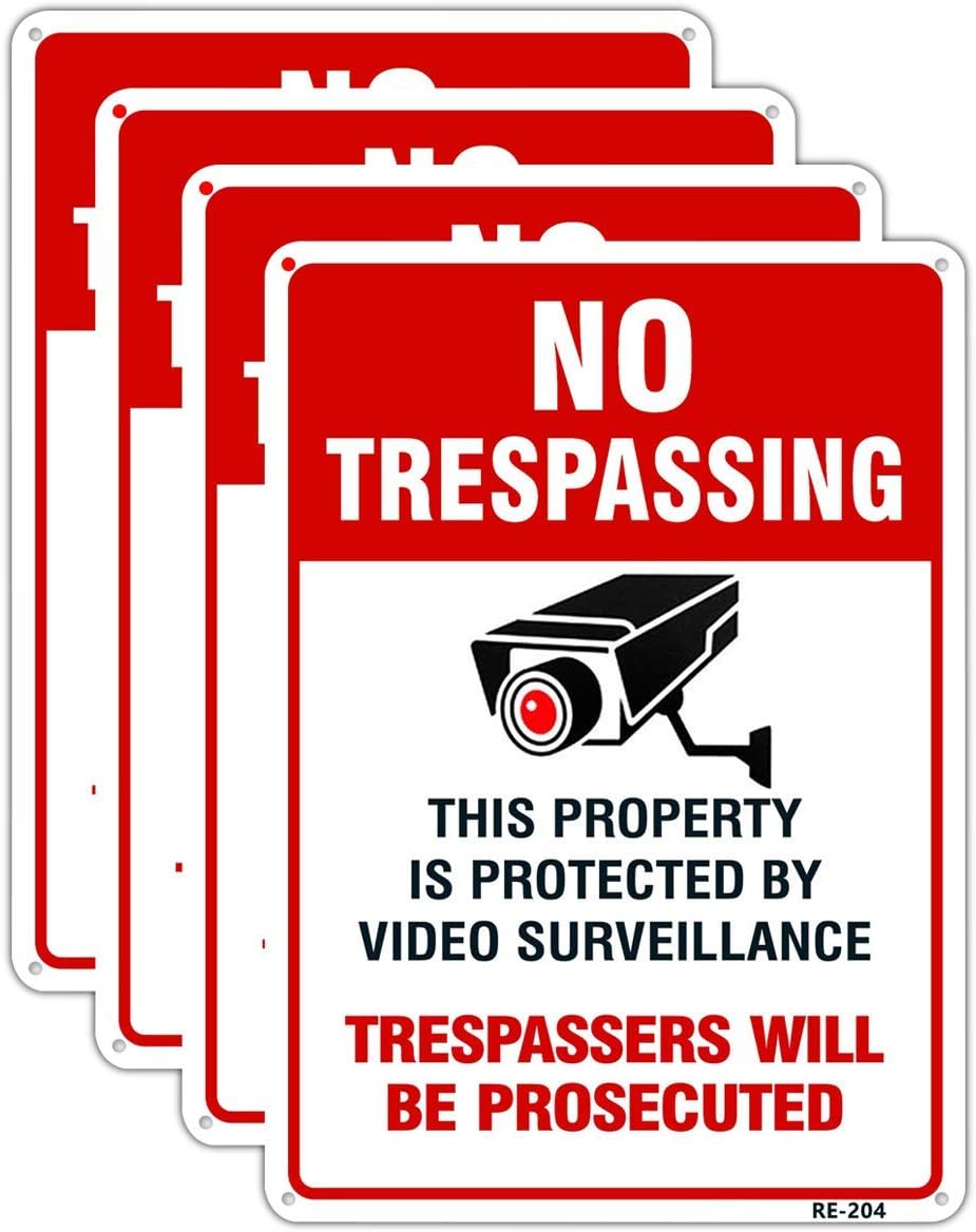 Large Video Surveillance Signs Outdoor,No Trespassing Sign Aluminum 10x14 Inch UV Ink Printed for House and Business (4-Pack)