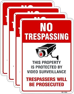 Large Video Surveillance Signs Outdoor, 4-Pack No Trespassing Signs Private Property, Aluminum 10x14 Inch UV Ink Printed for House Business Yard CCTV and Fence