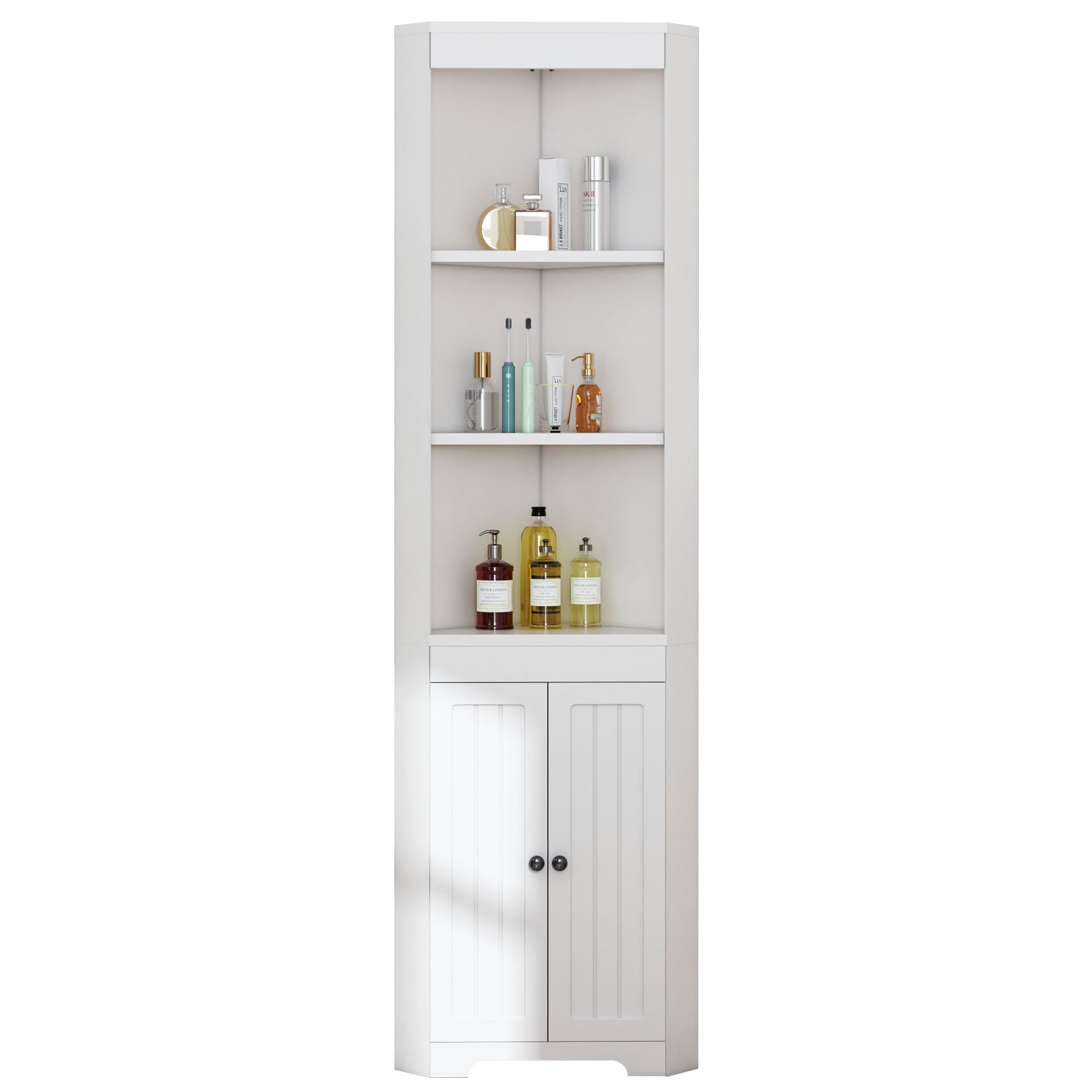 SogesHome Badezimmerschrank hoch mit offenen Regalfächern und Tür, platzsparender Eckschrank aus MDF, Feuchtigkeitsgeschützt, Einlegeböden höhenverstellbar, Weiß, Modernes Design (Weiß)