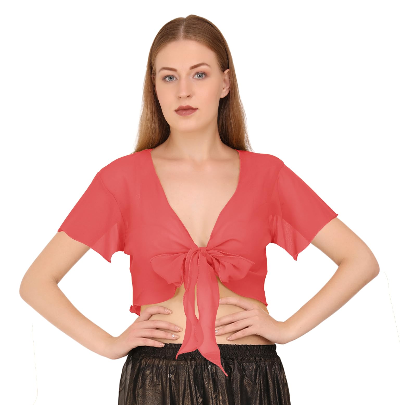 Indian Trendy Women's Chiffon Short Sleeve Tie Top Choli Blouse Belly Dance Gypsy Tie Front Cardigan Tops
