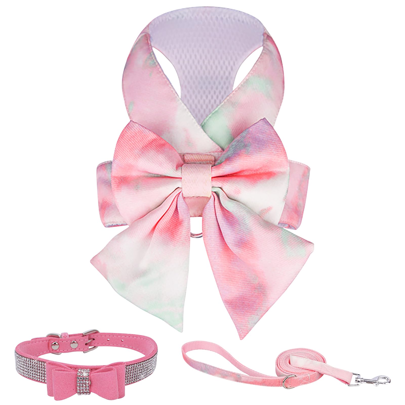 Pink Cute Bow Tie Dog Harness Leash and Bowknot Collar Set, No Pull