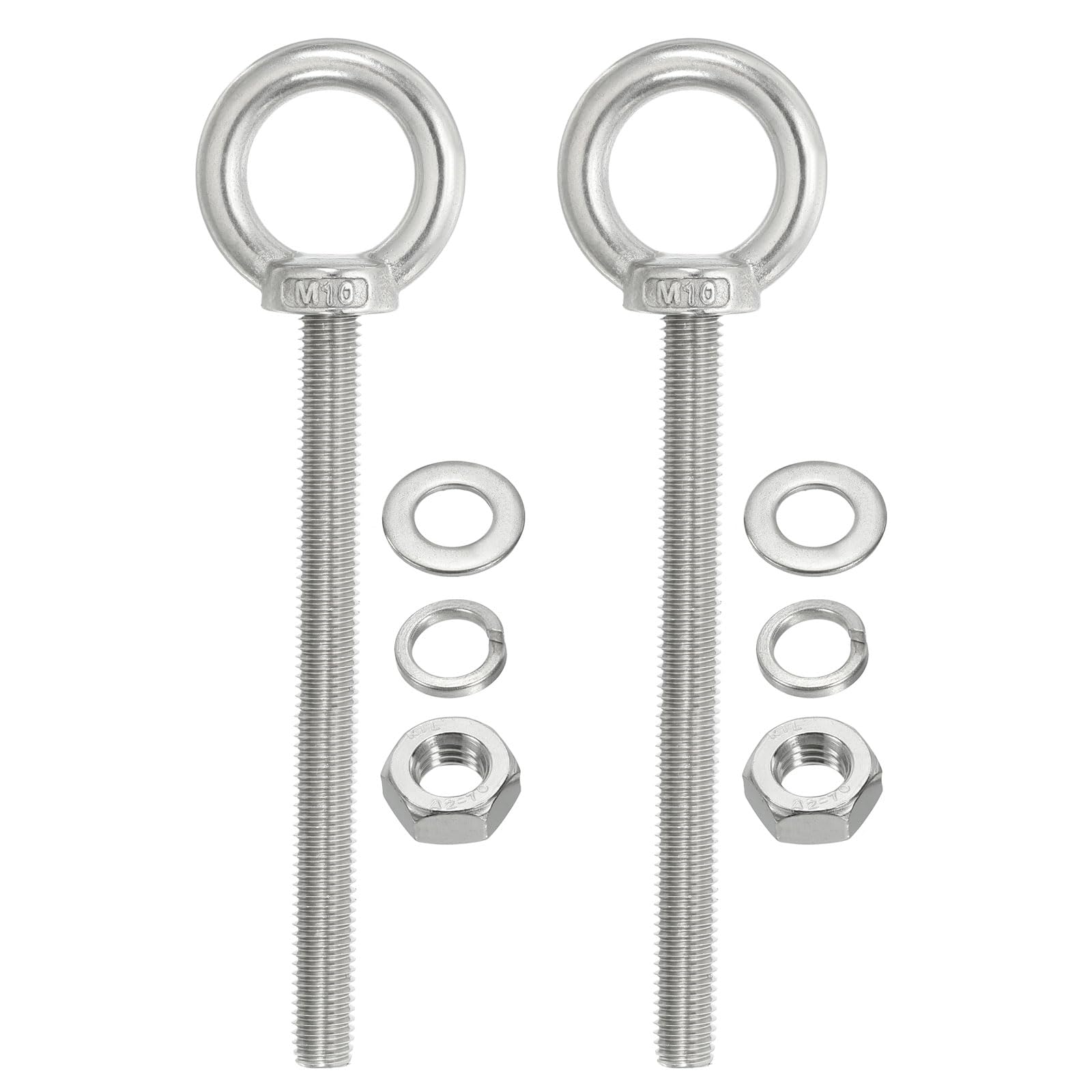 PATIKIL M10 x 100mm Lifting Shoulder Eye Bolt, 2Pcs 304 Stainless Steel Lifting Ring Threaded Eyebolt with Nuts Washers for Hanging Hammocks Articles