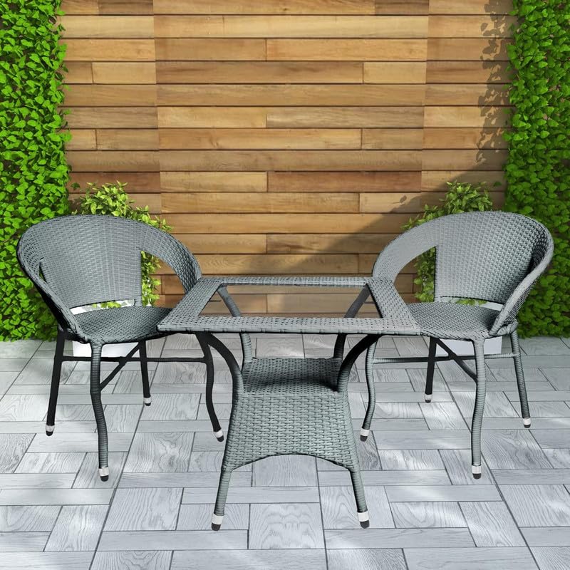 Image of Amazon Brand - Solimo Rattan and Wicker Garden Patio Seating Chair and Table Set Outdoor Balcony Garden Coffee Table Set Furniture with 1 Square Glass Top Table and 2 Chairs Set for Home (Grey)