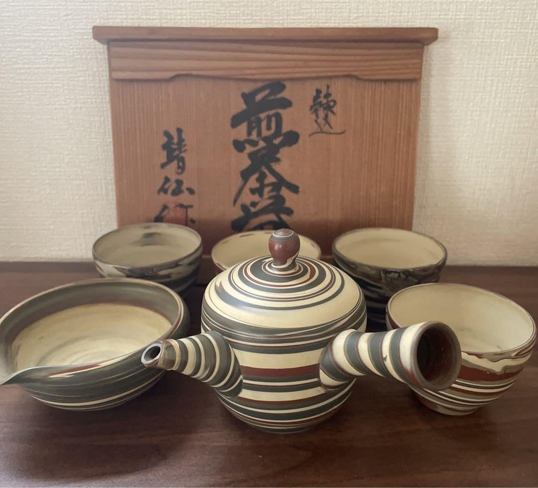 Amazon.co.jp: 常滑焼 煎茶器 靖仙 急須 湯冷まし 湯呑4客 練込 木箱  