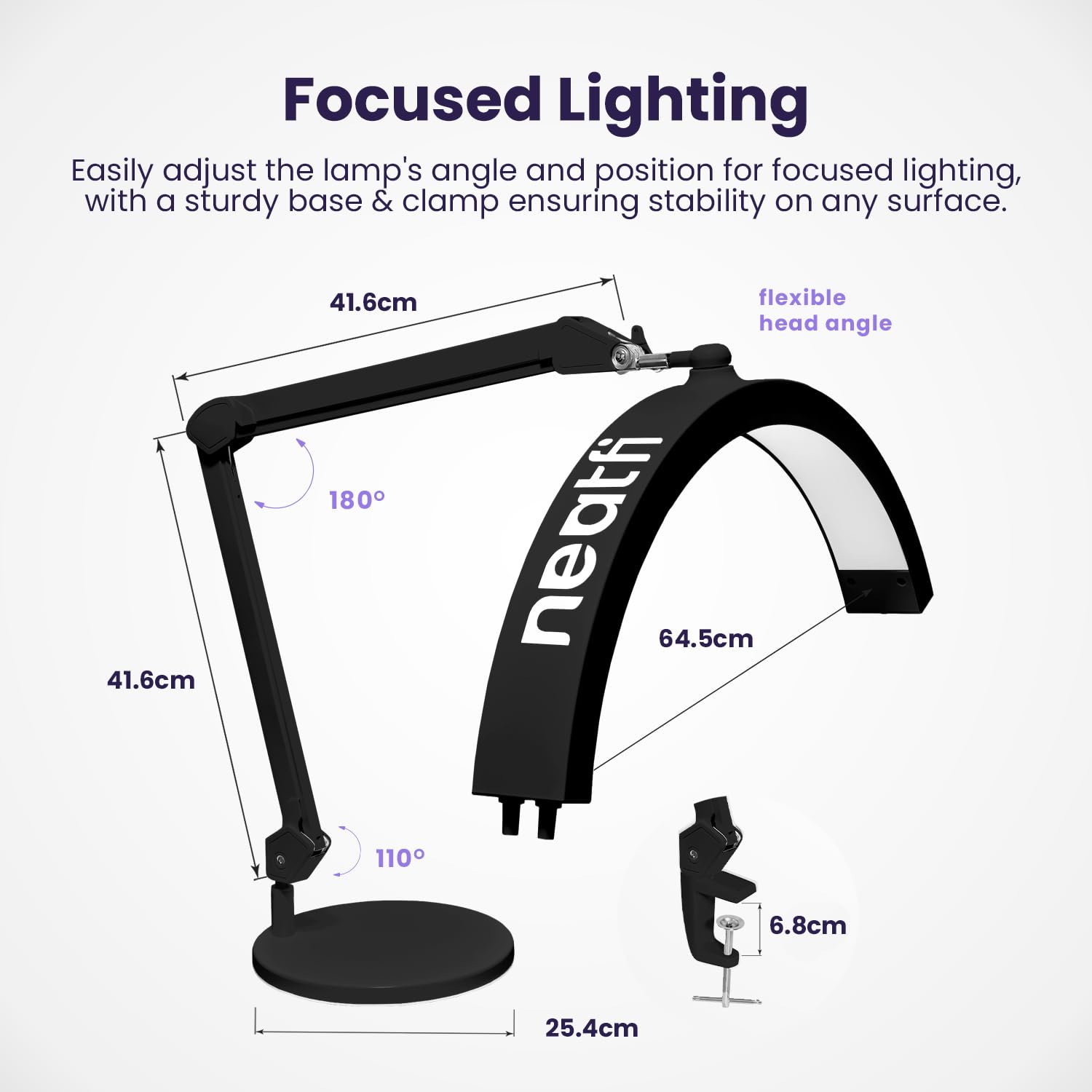 Neatfi Lampa stołowa Half Moon Swing Arm, oświetlenie LED dla kosmetyczek, 2500 lumenów, 5 trybów, idealna do zdobienia paznokci i twarzy (CCT z Podstawą i Zaciskiem, Czarny)