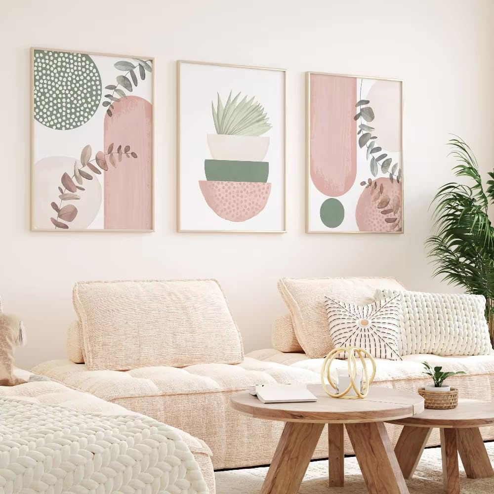Ihhgnb Multicolor Boho Printable Wall Art Pink Green Prints Minimalist Living Room Wall Decor Blush Pink Art Shapes Hallway Canvas Prints(40X50cm(16X20in) X3/No Frame)