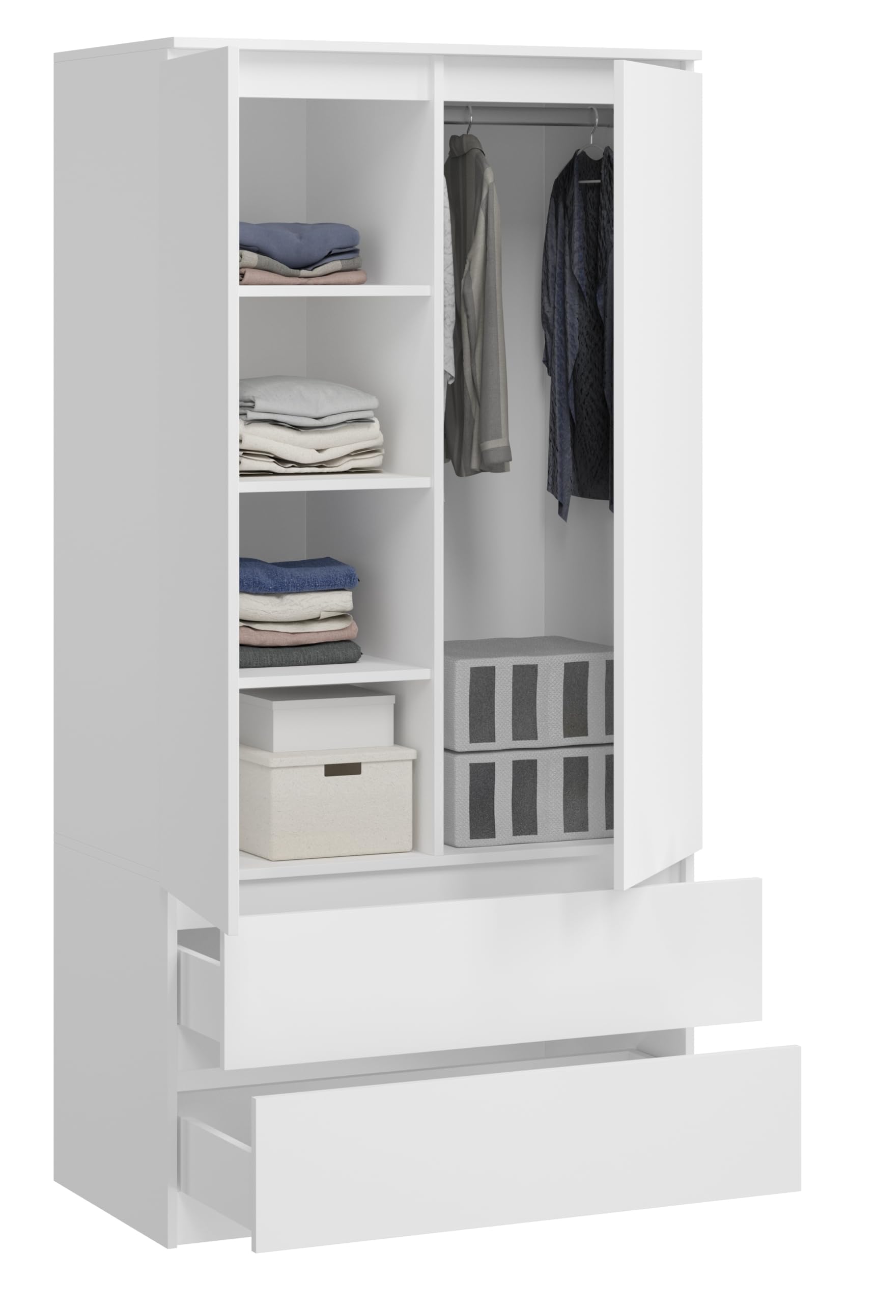 BDW Monia Armadio con 2 ante e 2 cassetti, opaco, 4 ripiani, guide a rulli in metallo, per camera da letto, guardaroba, ufficio (bianco, 180 x 90 x 50 cm)