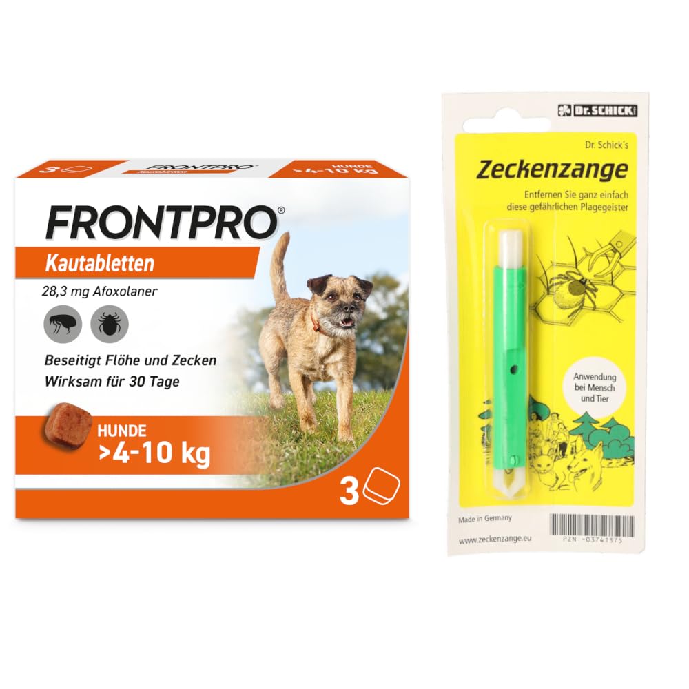 FRONTPRO Kautabletten für Hunde 4-10 kg 3-Monats-Packung zum Schutz gegen Zecken und Flöhe mit Zeckenzange: Schützt bis zu 3 Monate