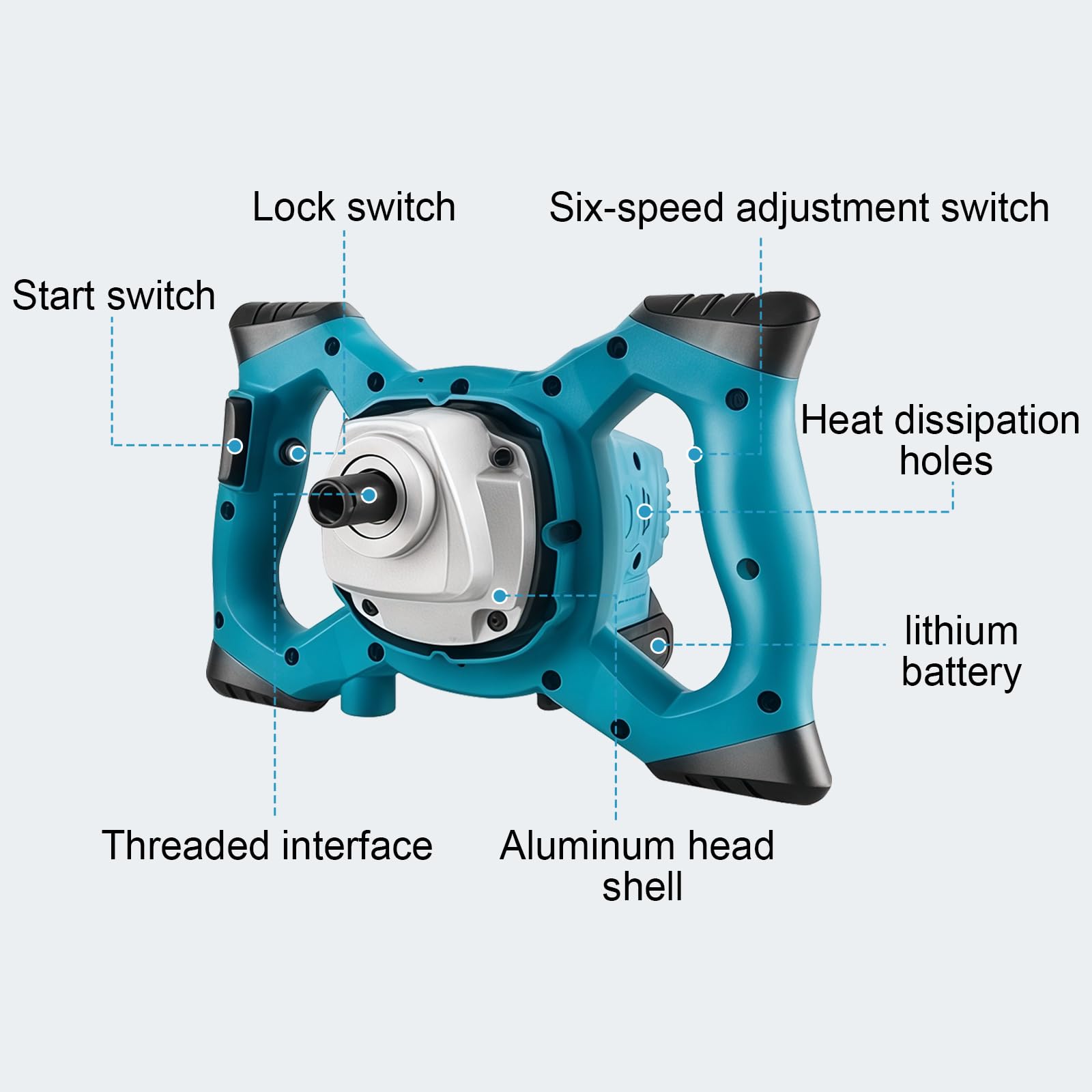 Malaxeur Mortier Colle avec 2 Batteries 1500mah,Mélangeur à Béton 6 Vitesses,900rpm,Tige Spirale M14,Betonniere Électrique Pour Mélanger Aliments,Plâtre,Peinture,Ciment,Mortier (Bleu)