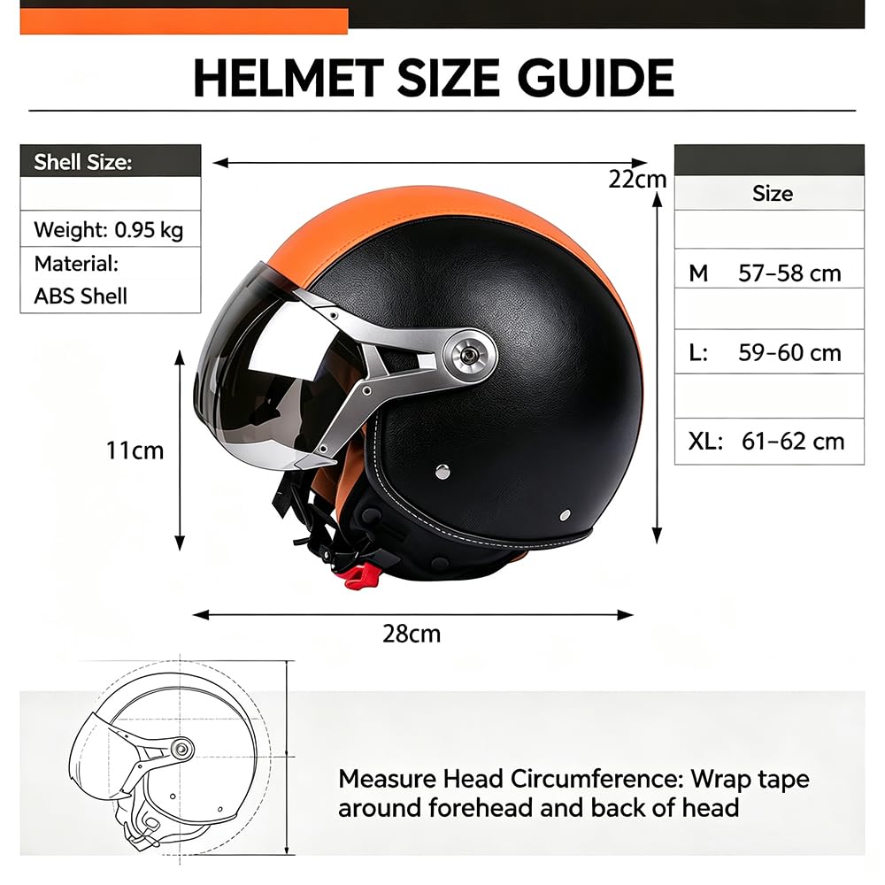 Casco Jet Classic Vintage in Pelle Con Visiera, ECE 22.06 Omologato, Per Donna Uomo Scooter Chop Ciclomotore Retrò Pilota di Moto a Mezza Calotta (57-62cm)