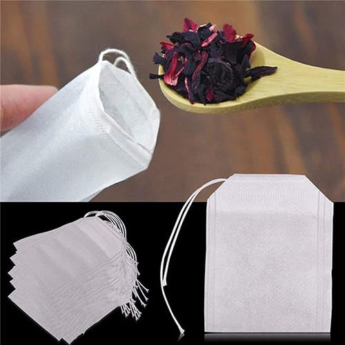 Miniatura 9 de TamBee Paquete de 100 bolsas de filtro de té desechables vacías de muselina con cordón, bolsas de té sueltas con cordón para hierbas (1.97 x 2.76