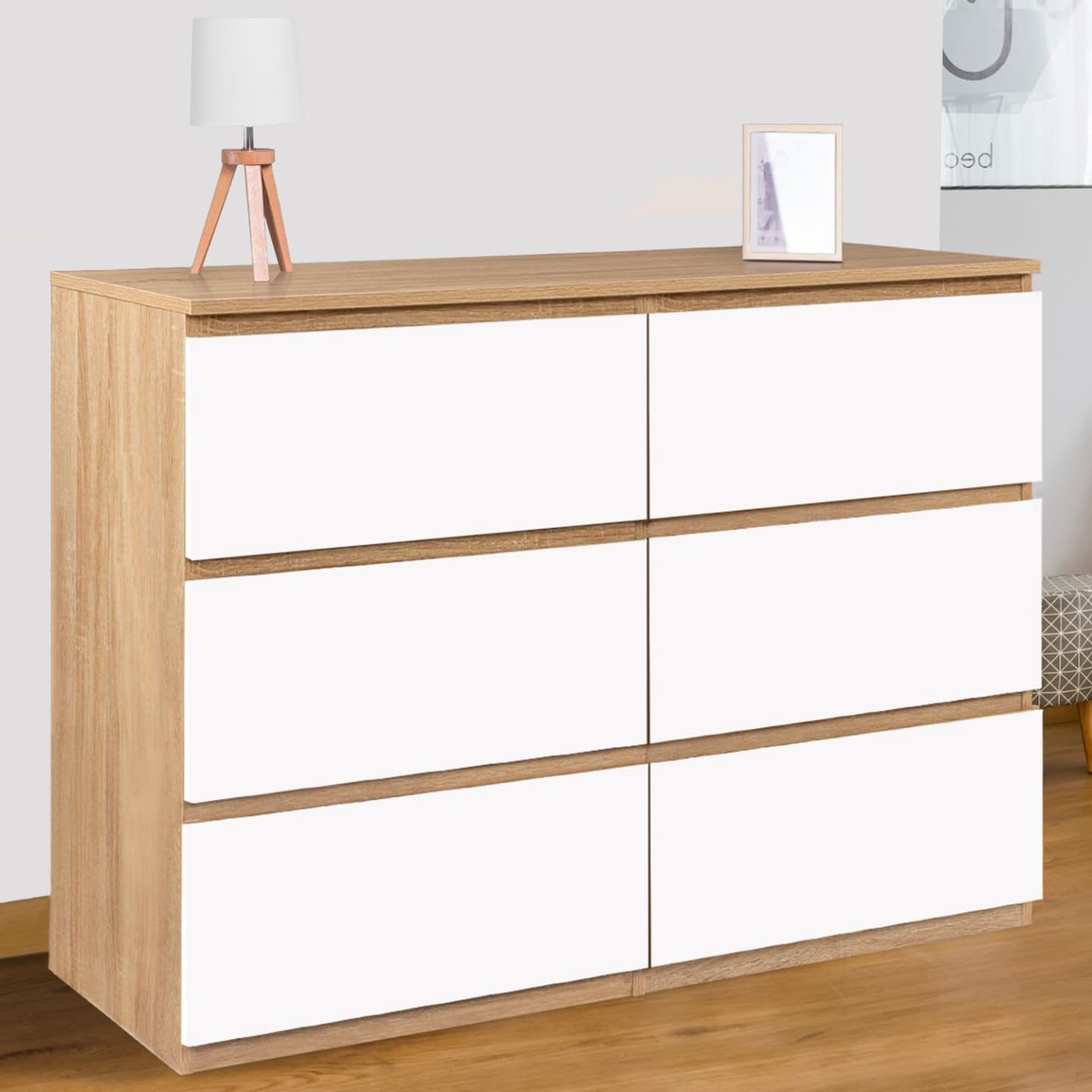 IDMarket - Commode 6 tiroirs TOMI 110 cm Bois façon hêtre et Blanc