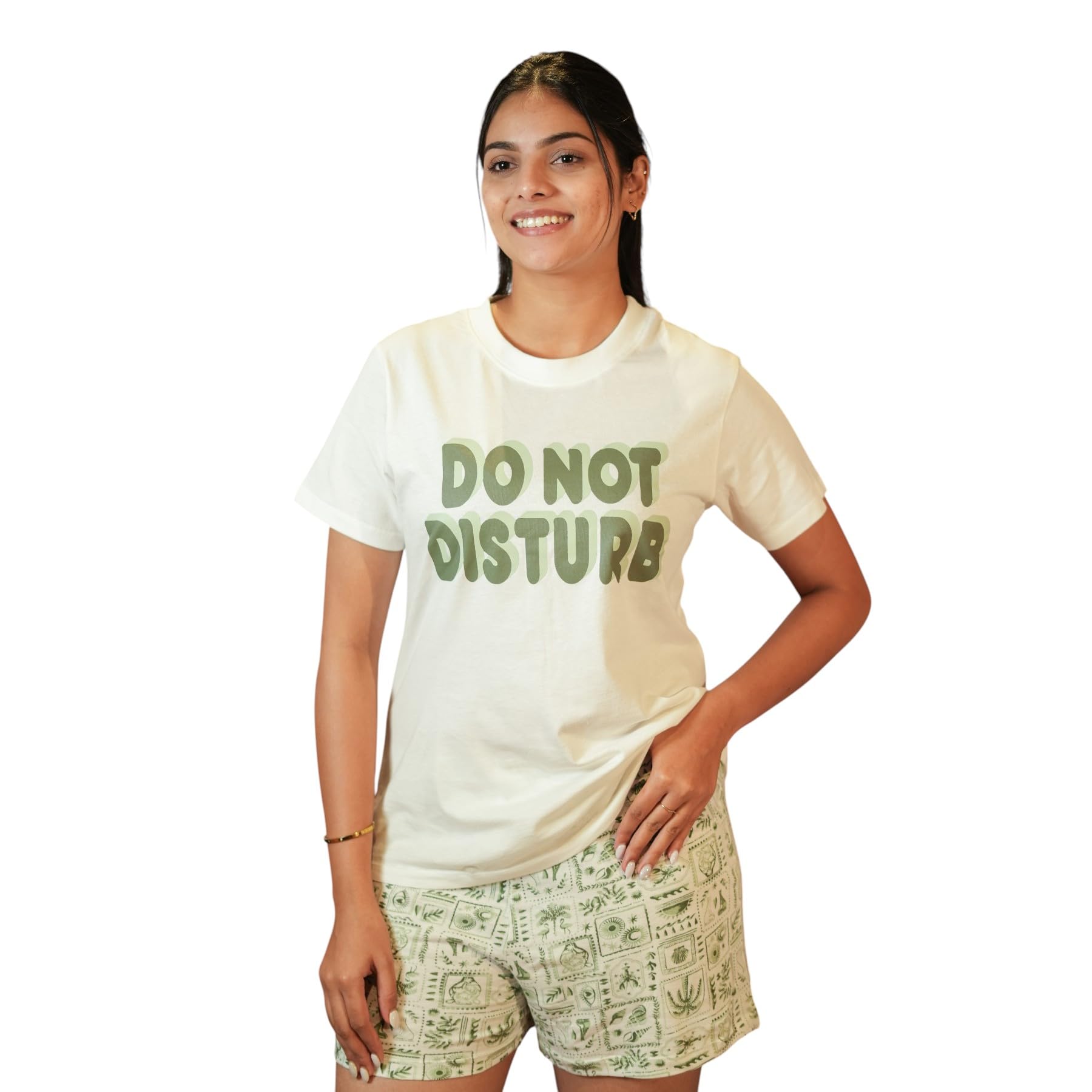 seul Women’s Casual T-Shirt and Shorts Set | Soft Comfortable Co-ord Set | Stylish Summer Loungewear & Homewear | Lightweight Relaxed Fit Outfit for Travel & Gym (White with Green)-picture-0