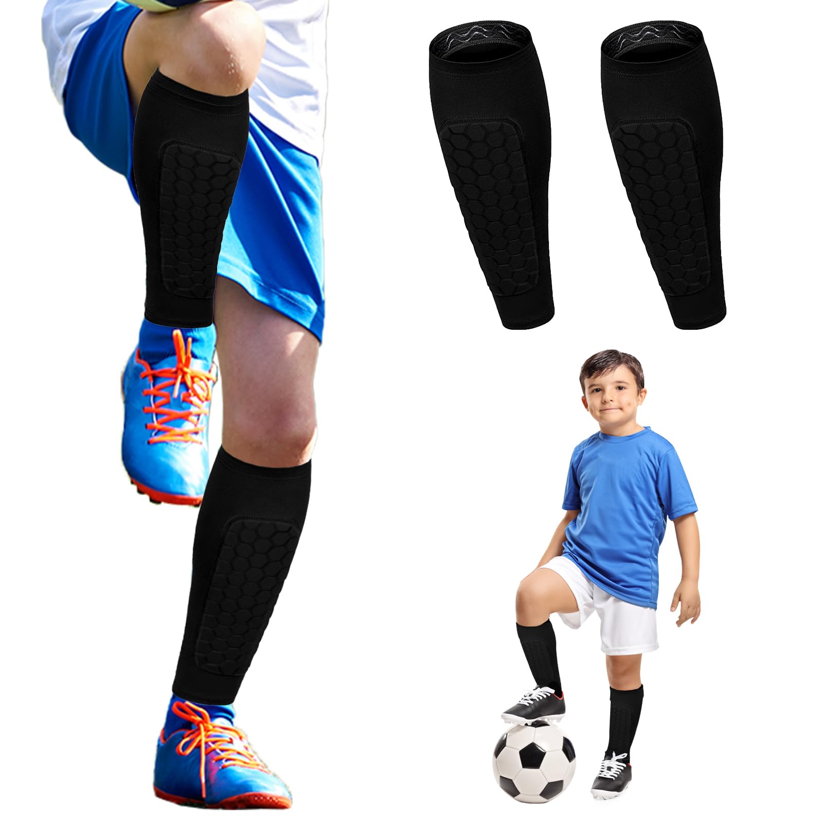 NOLTUQER Honeycomb Compression Sleeve Football Shin Guards for Kids Youth Adult, Soccer Defender Pads with Superior Impact Absorption, Breathable, Lightweight(Black,S)