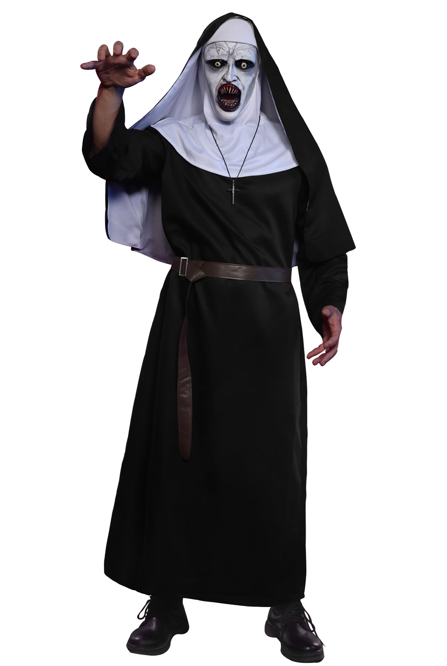 ERECT PEAK 4 Pcs Cosplay Outfit Halloween Adult Costume Black Robe Headwrap Belt Cross Necklace L, Black - 4 Piece Set