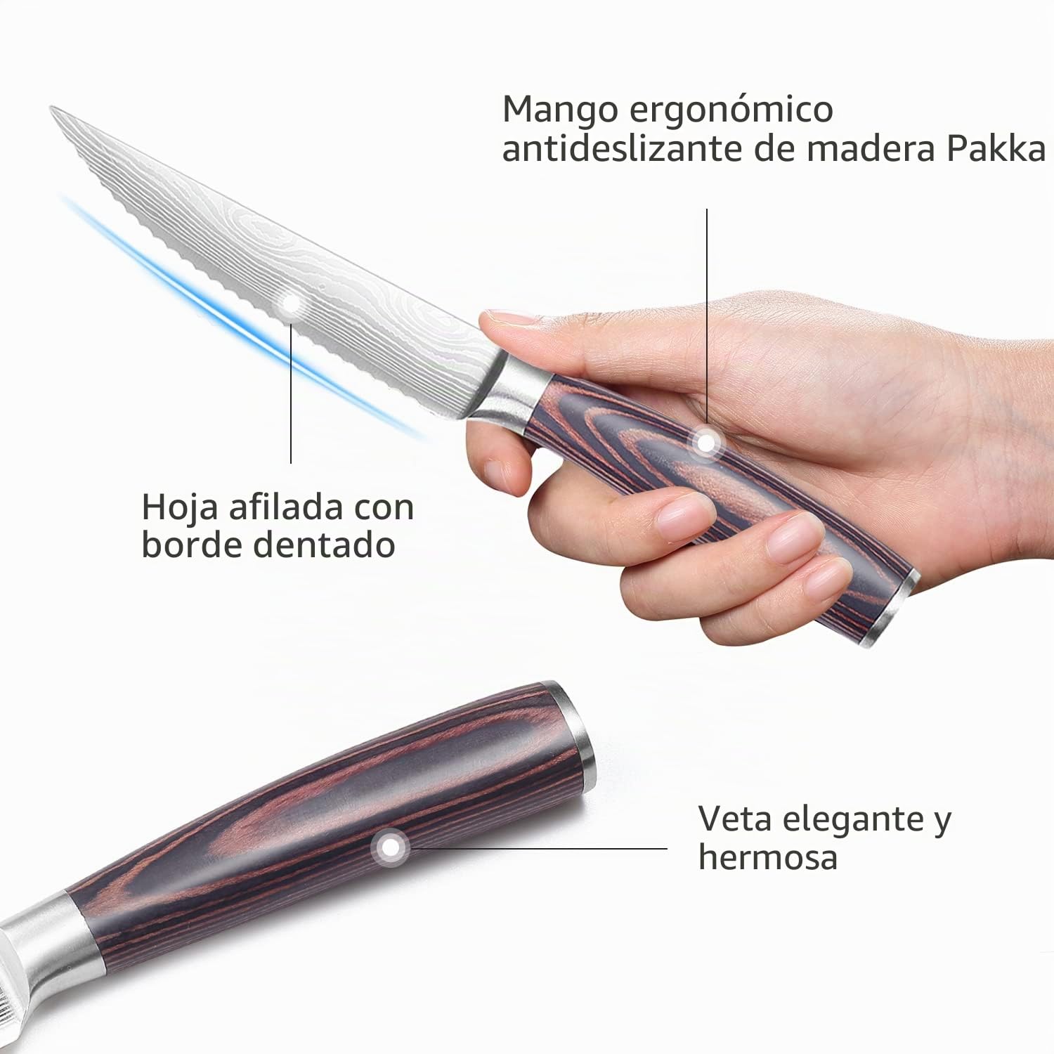 PAUDIN Juego de 6 cuchillos de carne, cuchillos de carne de acero inoxidable alemán, hoja dentada ultra afilada y mango ergonómico de madera, cuchillos de mesa con estuche de regalo