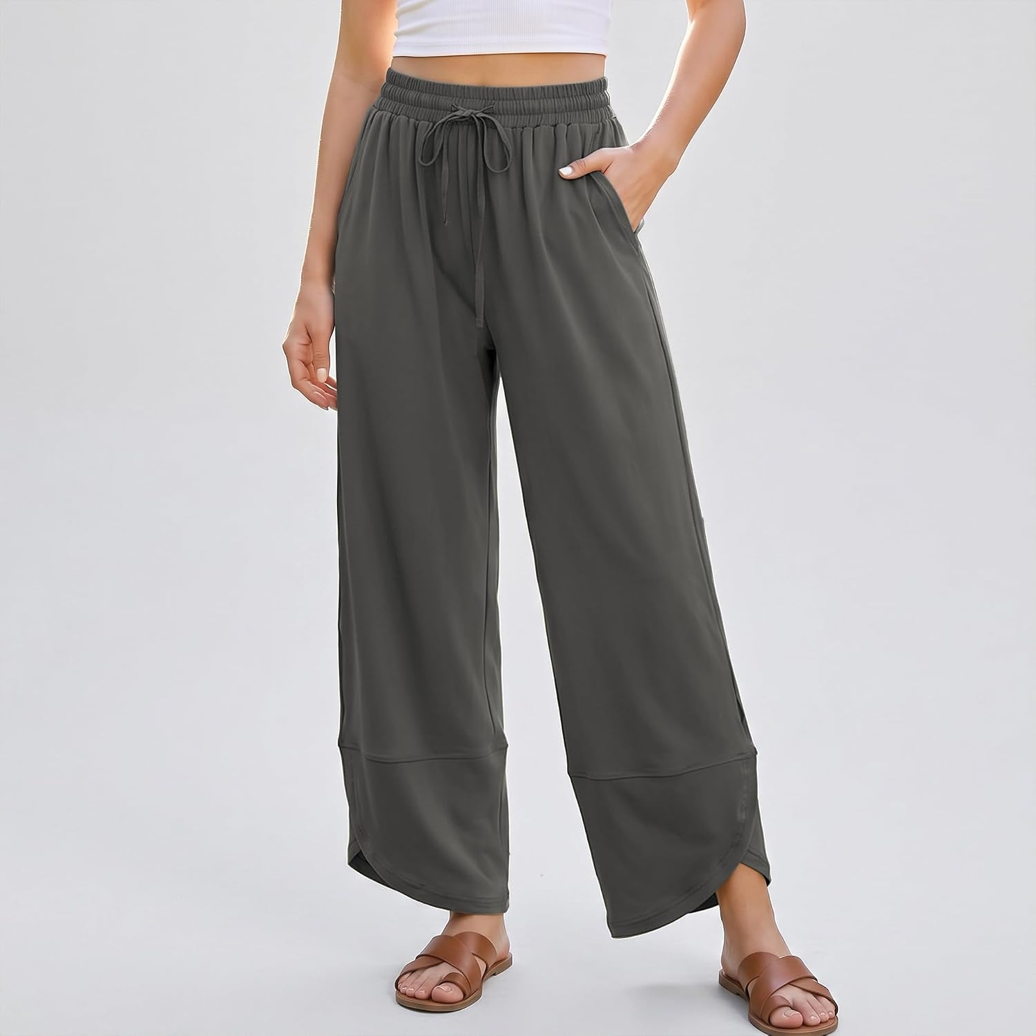SeeLuNa Women Travel Pants High Waisted Elastic Drawstring Tapered Leg Tulip Hem Pant Lounge Baggy Palazzo Pants with Pockets