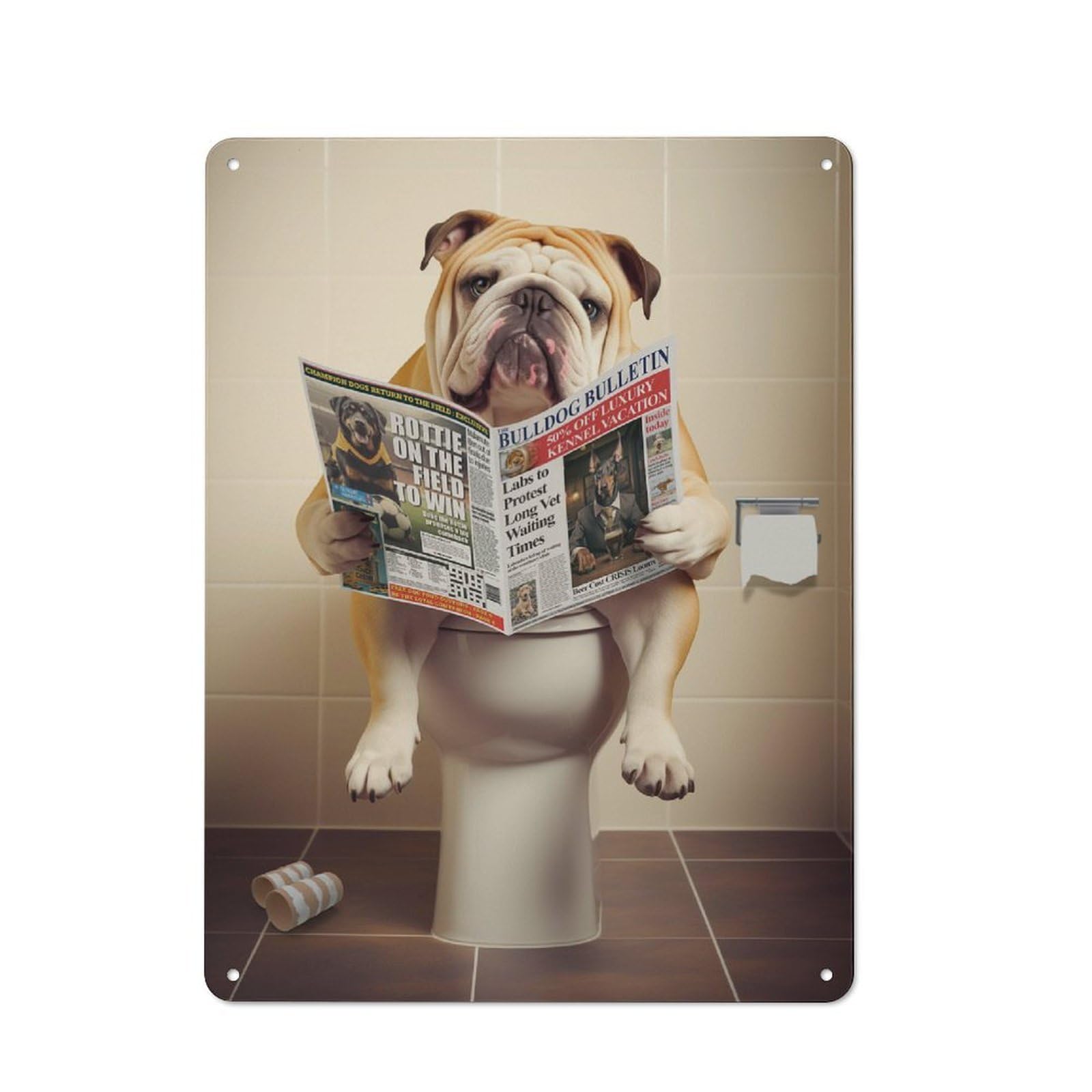 Simple Retro Tin Sign 40x30cm Featuring Bulldog on The Toilet, Studio Wall Plaque for Office, Study, Studio Or Hallway