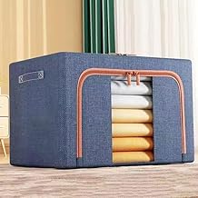HAKKU 66 LTR Foldable Steel Frame Cloths Zip Organizer Bag and Oxford Fabric Storage Living Cover Boxes For Wardrobe Shelves Clothes, Sarees, Bed Sheet, Blanket (Blue, 66 Ltr - Pack of 1)