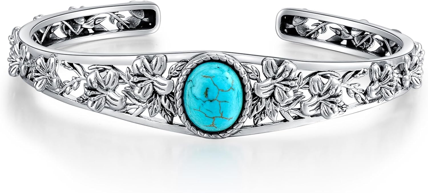 Genuine Turquoise Cuff Bracelet for Women, Sterling Silver Western Vintage Floral Bangle Native American Jewelry, For 6.5-7.5 Inch Wrists