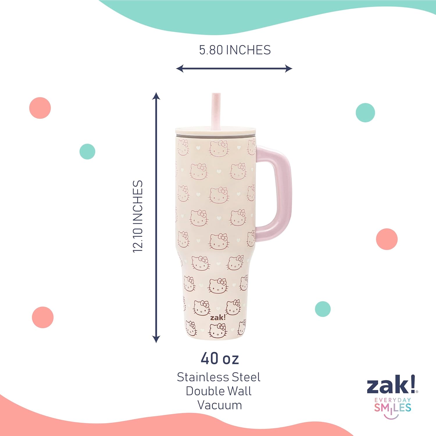 Zak Designs Sanrio Sutton Travel Tumbler for On the Go or At Home, 40oz Stainless Steel with Vacuum Insulation, Silicone Straw, and Carry Handle for Cold Drinks (Hello Kitty) - Image 6