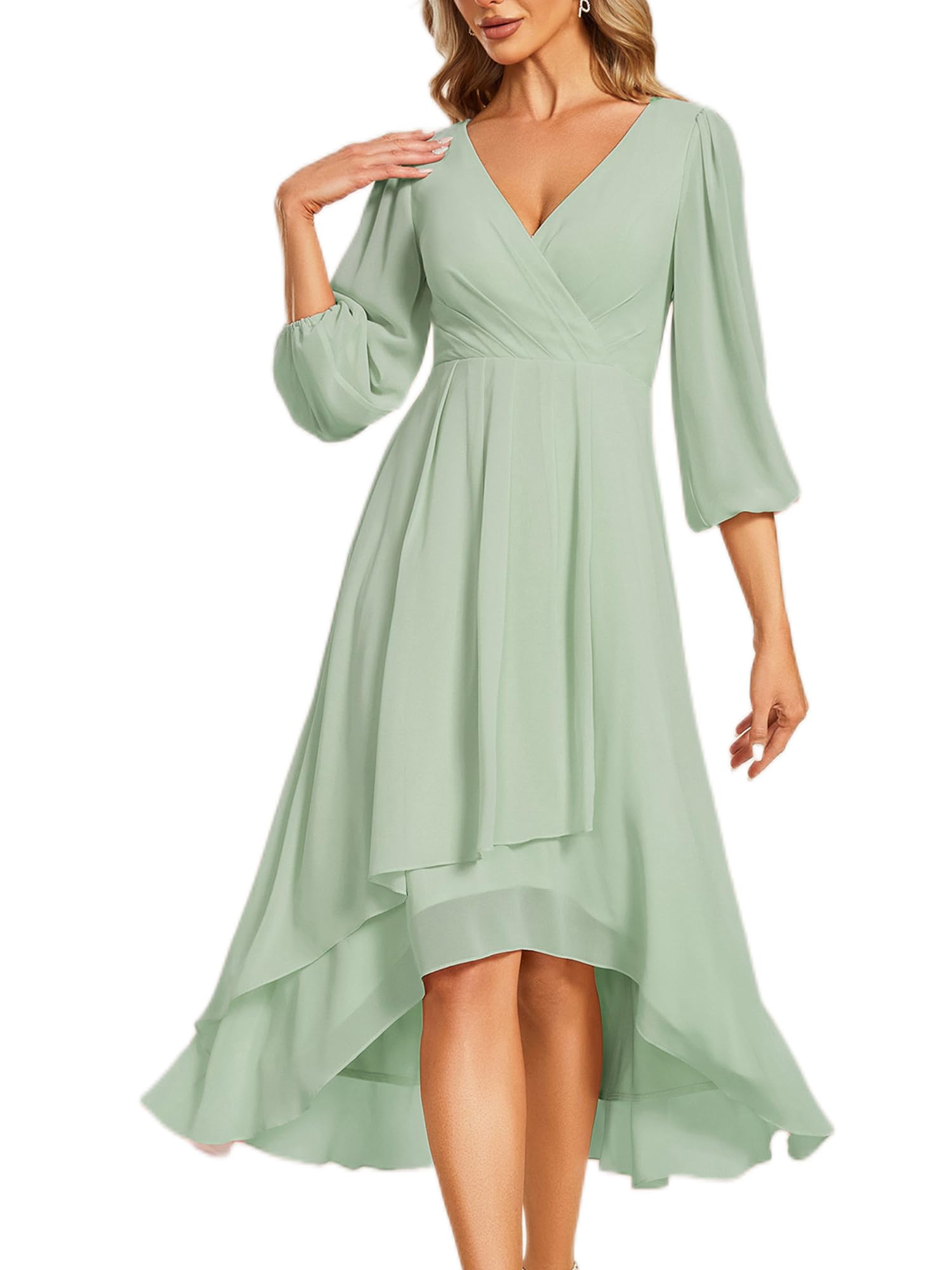 Ever-Pretty Damen Chiffon-Kleid formal mit V-Ausschnitt und Volant-Ärmeln plissiert High-Low Brautjungfernkleid 2084, Minze grün, 40