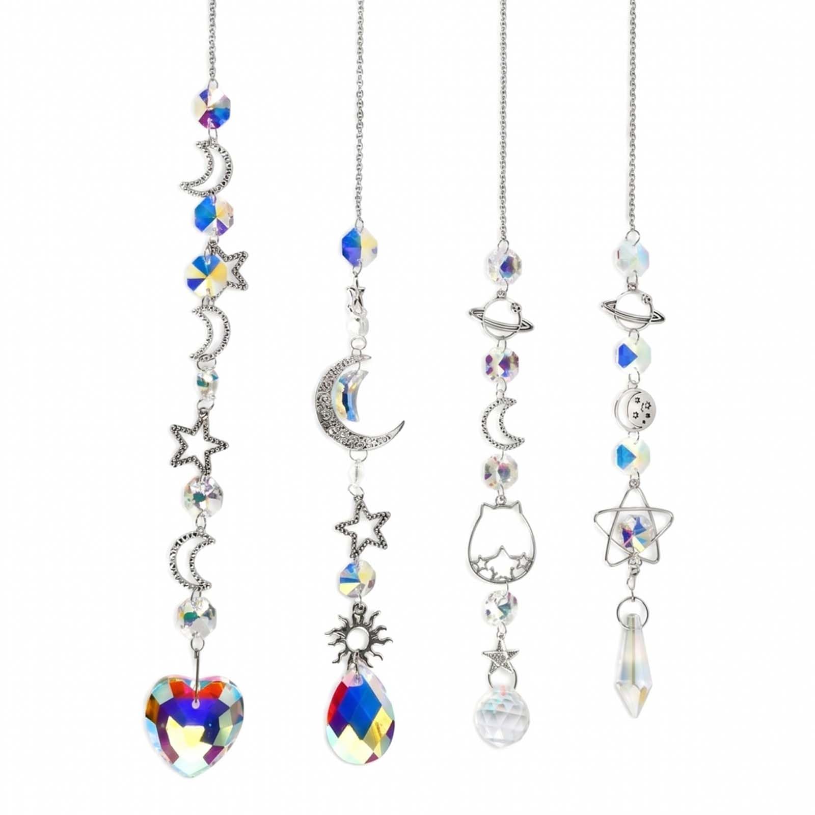 4 PCS Crystal Suncatcher, Hanging Moon Star Sun Catchers for Windows, Rainbow Maker Wind Chimes for Garden, Car, Office, Party, Wedding Decor
