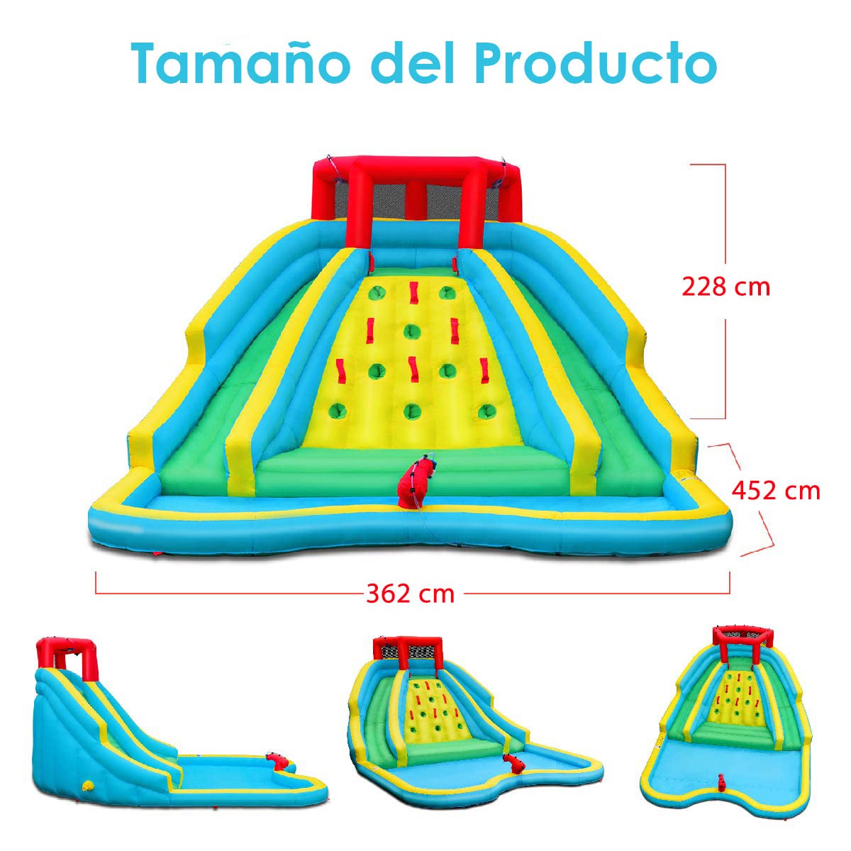 COSTWAY Tobogán Inflable, Parque De Agua Para Niños Con Piscina De Chapoteo, Pared De Escalada, Cañón De Agua Y Toboganes (Con Soplador De 680W)