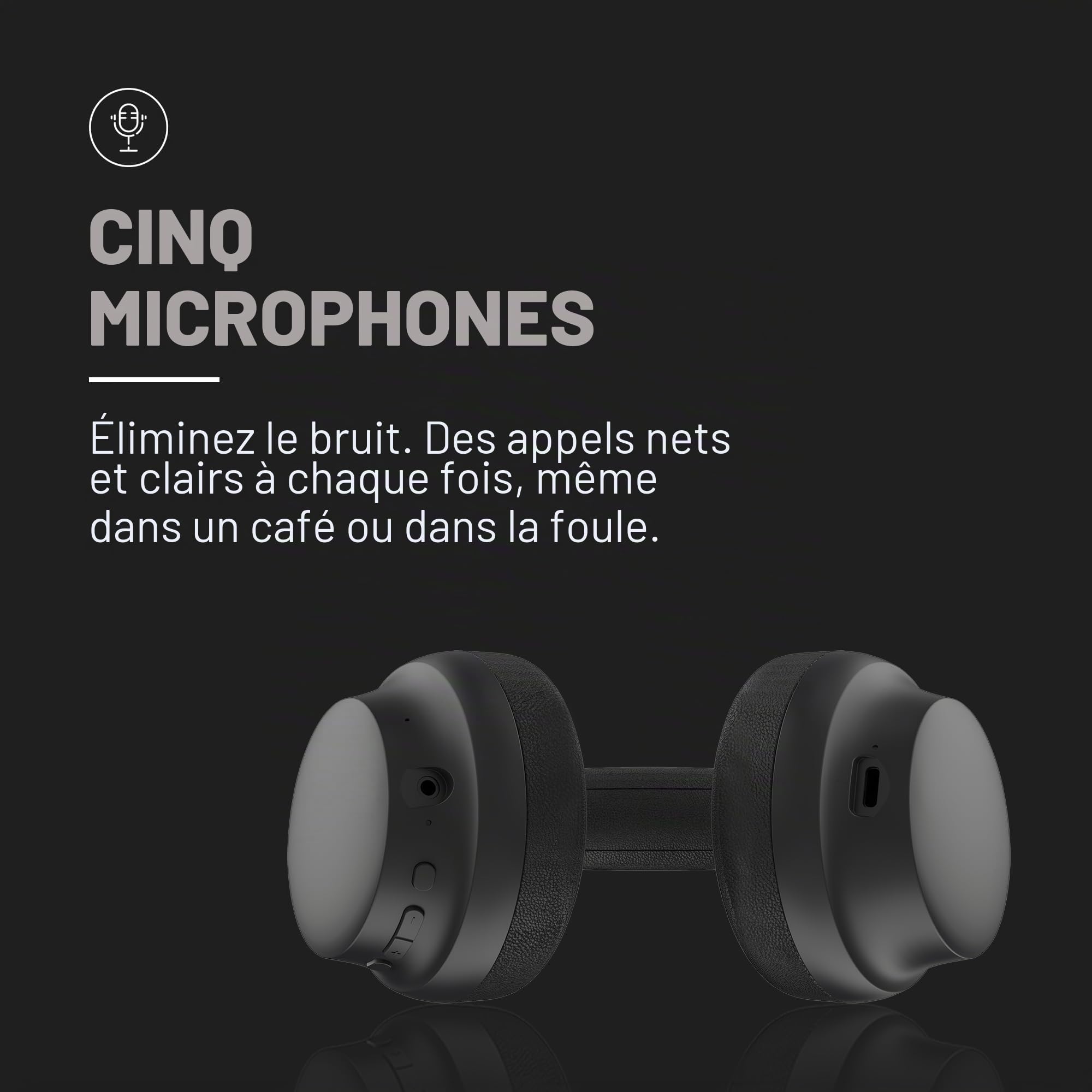 Raycon Essential Headphones – Casque supra-auriculaire Bluetooth sans fil, avec suppression active du bruit hybride, 5 microphones intégrés, IPX4 résistant à l'eau et 50 heures d'autonomie de la