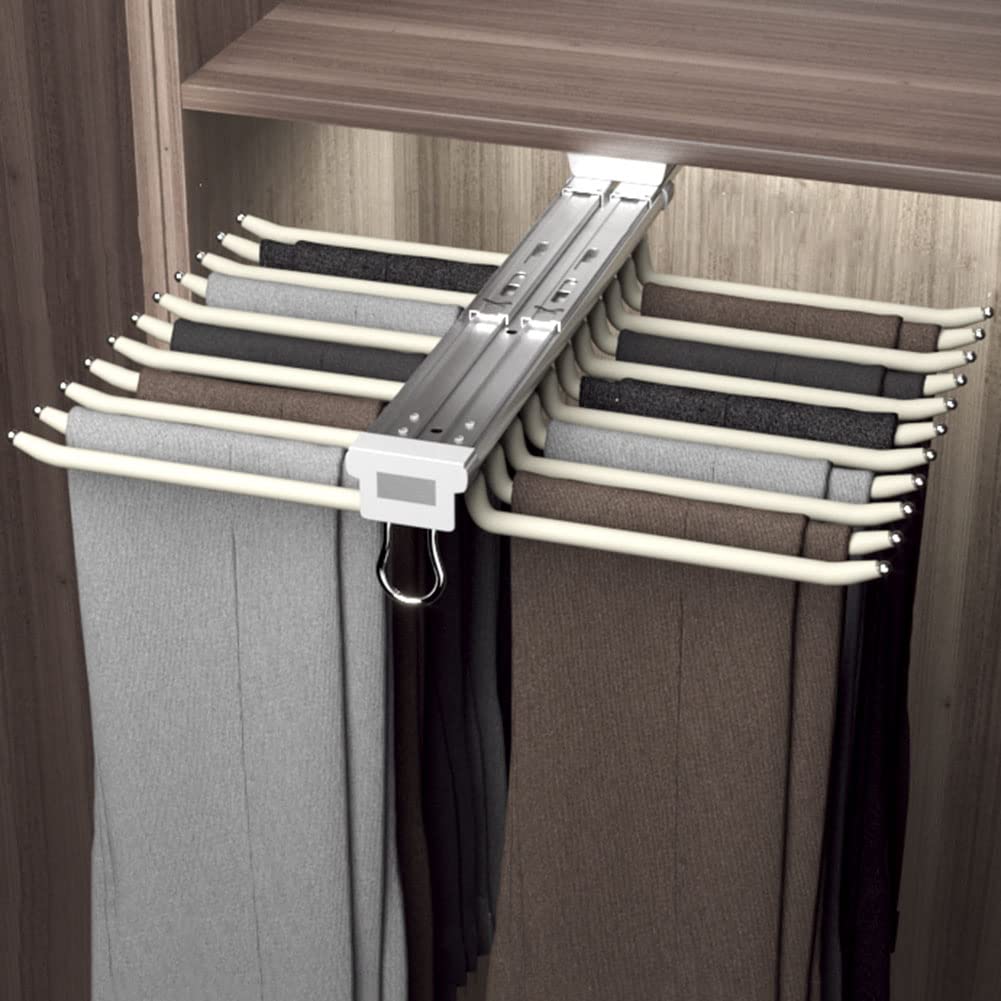 CAFIEDR Silent Double Rail Pants Rack - Pull Out Closet Organizer With 22 Aluminum Arms For Jeans, Trousers, Ties *Scarves Storage - Efficient Clothes Hanger Solution.White