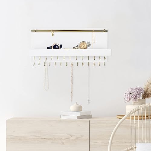 Miniatura 5 de SANY DAYO HOME 27 ganchos para colgar collares de pared de 14 x 6 pulgadas, organizador de joyas de madera rústica con barra de pulsera extraíble y