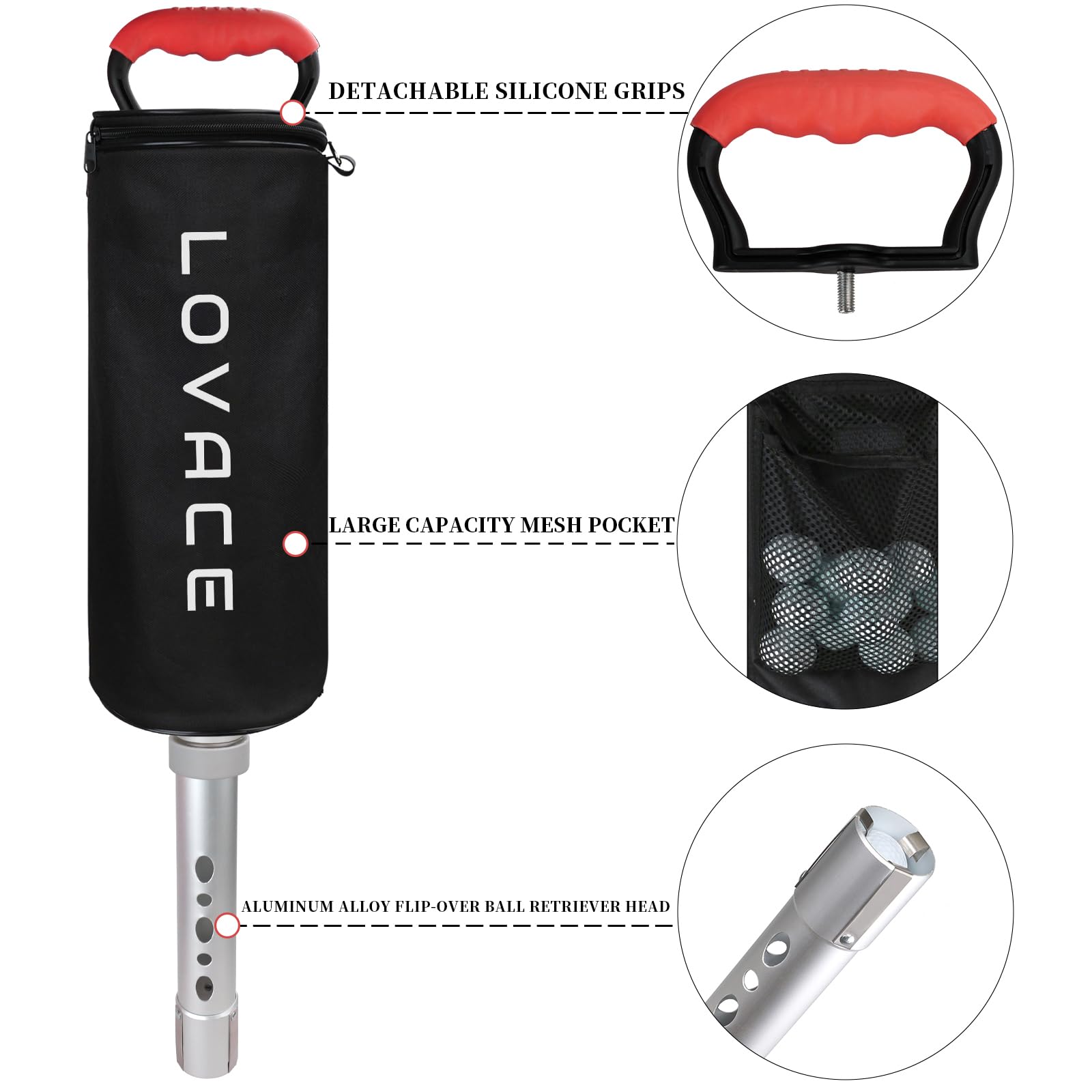 Golfball-Retriever, Zotteltasche für Golfbälle mit abnehmbarem Rohr aus Aluminiumlegierung