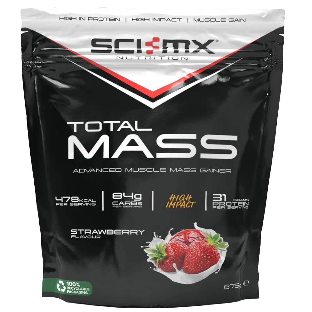 SCI-MX Total Mass - Advanced Muscle Mass Gainer Protein Powder - Muscle Growth & Weight Gain - Strawberry • 31g Protein + 478 Calories per Serving • 875g