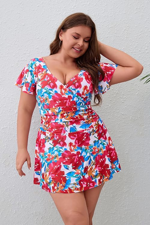 Women's Plus Size Swim Dress One Piece Swimsuit Tummy Control Swimsuit Modest Ruffle V Neck Swimwear - Image 5