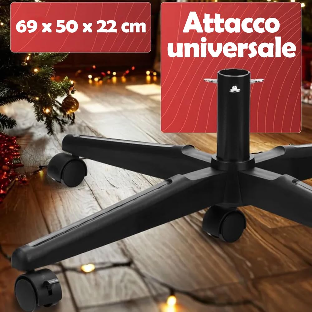 BAKAJI Base Albero di Natale in Plastica con Ruote, Supporto Versatile Regolabile Nero con Rotelle Piroettanti con Blocco e Attacco Universale, Resistente ed Ergonomico 69 x 22 x 50 cm