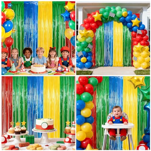 Image of 4 Packs Blue Red Green Yellow Foil Fringe Curtain, Blue Red Green Yellow Glitter Metallic Tinsel Backdrop for Birthday, Baby Shower, Video Game Theme Party Decorations Supplies