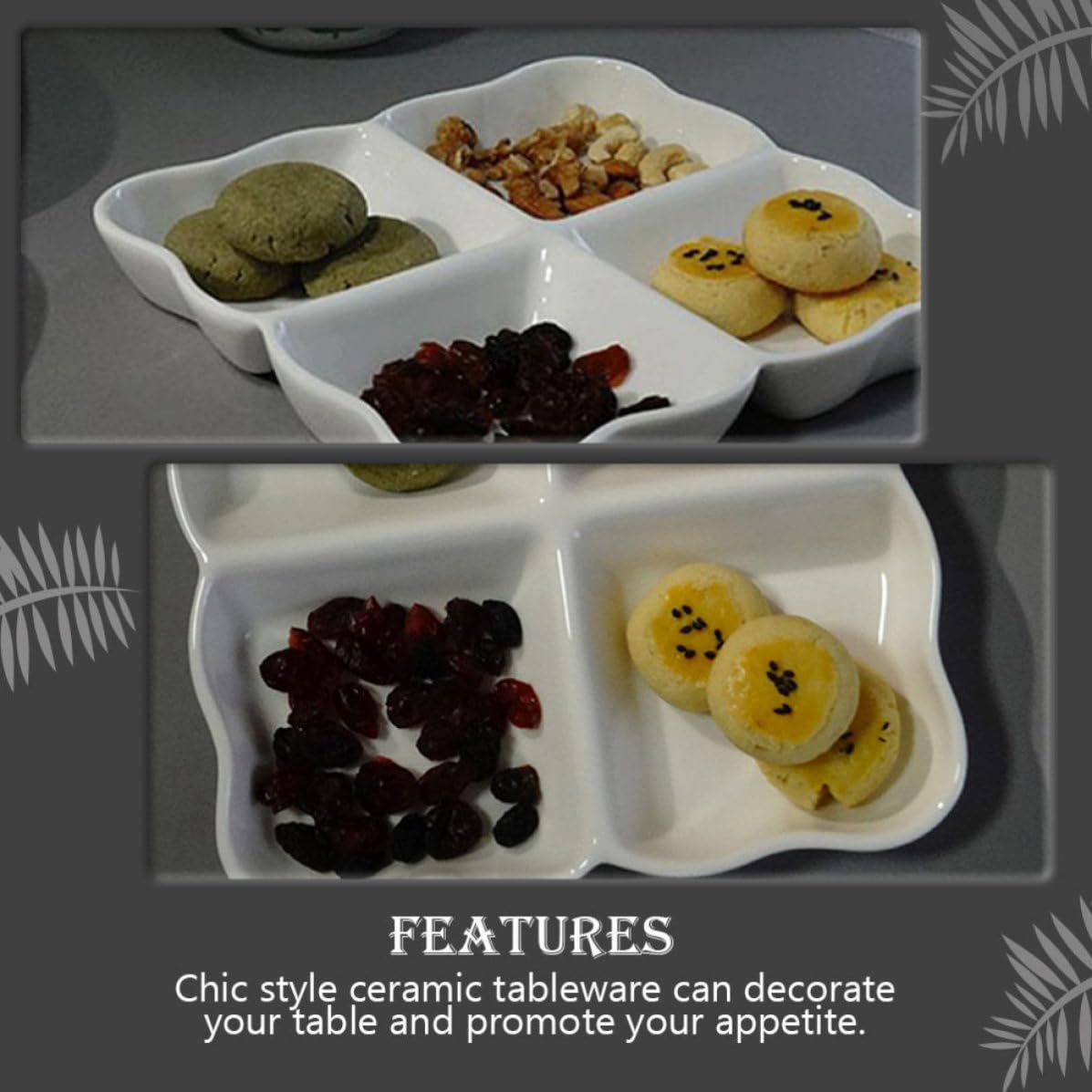 Zerodeko Vassoio in Ceramica Bianco 4 Scomparti per Snack e Frutta, Design Creativo e Aspetto Elegante per Feste di Compleanno e Riunioni Festive Riutilizzabile