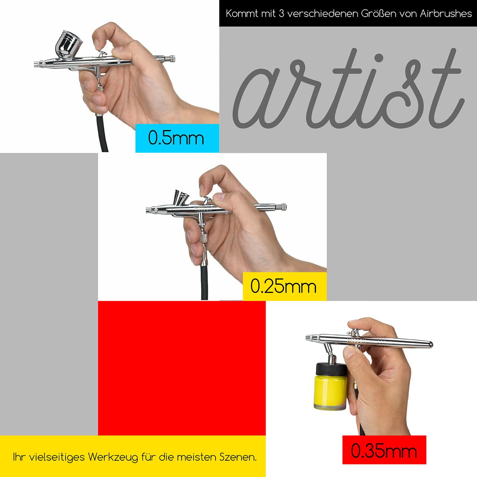 MEEDEN Airbrush Kompressor Set mit 24 Farbset, 1/5PS Air Brush Set mit Auto Stop 3 Dual-Action Airbrushpistole (0.25/0.35/0.5mm) Druckluft Maschine mit Reinigungsset für Künstler Modellbau - 47dB