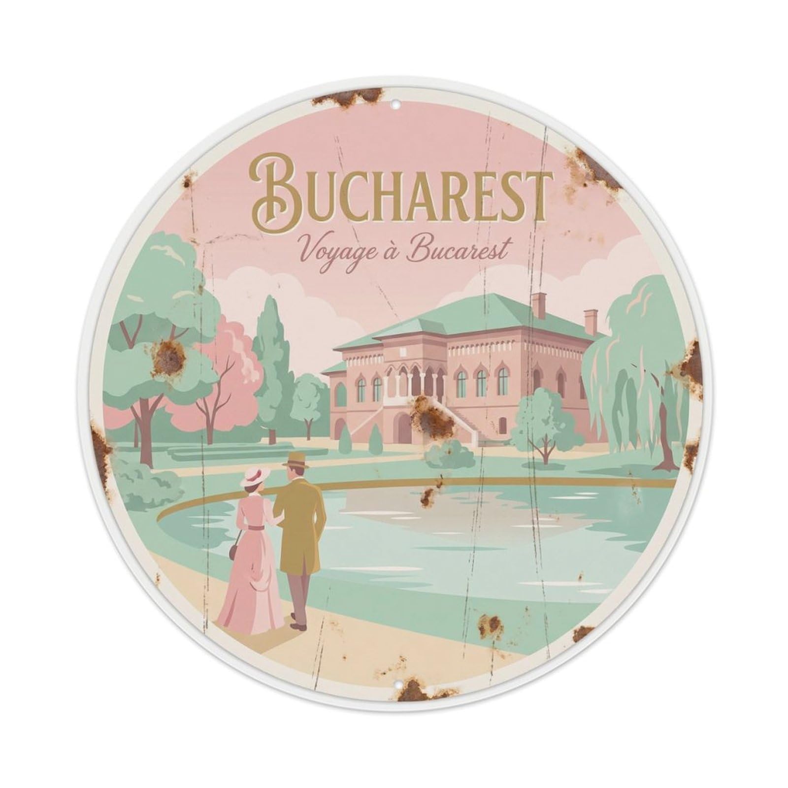 Fqcyn Style Vintage Travel Bucharest Palace Scenic Metal Tin Sign
