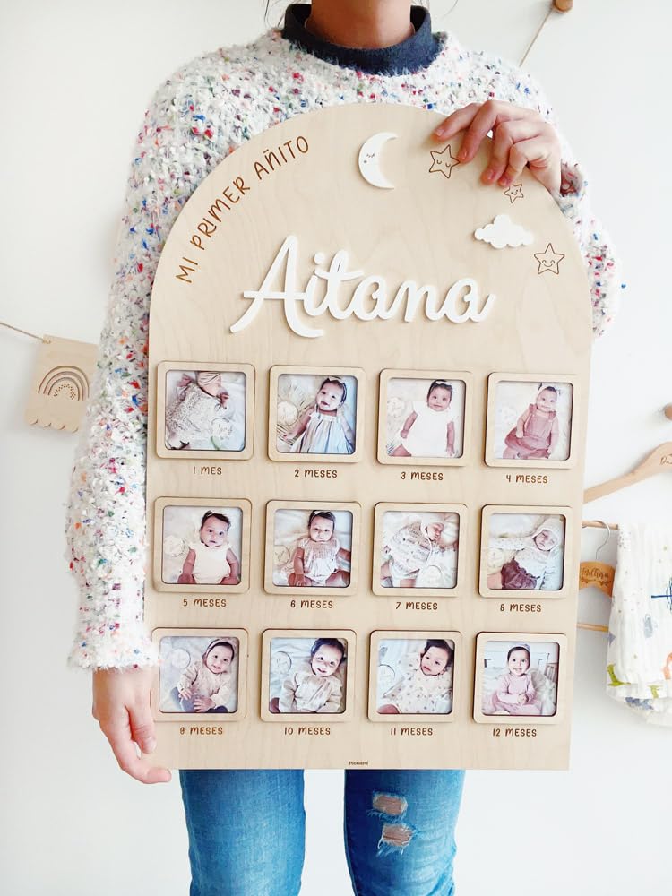 MONAMI - Marco de fotos personalizado mi primer año de bebé. Marco con 12 meses, un recuerdo imborrable y ÚNICO del crecimiento de tu peque. Realizado en madera natural y artesanal.