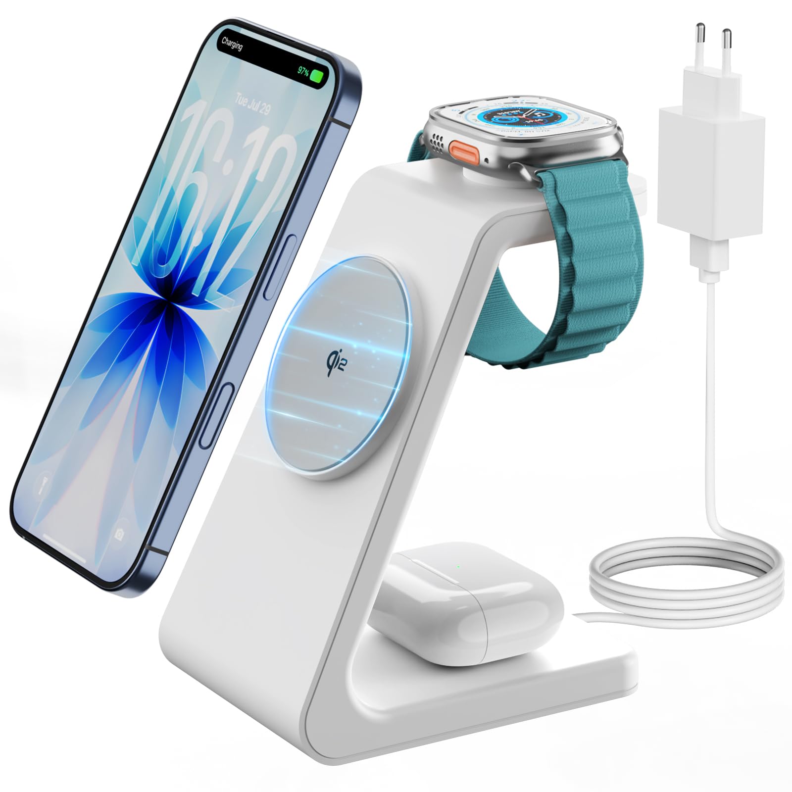 GEEKERA 3-in-1 Ladestation mit MagSafe, Qi2-zertifiziert 15W Schnell Induktive Ladegerät für iPhone Air/17/16/15/14/13/12, Schnellladegerät für Apple Watch 11-2, Fast Charger Station für AirPods, Weiß