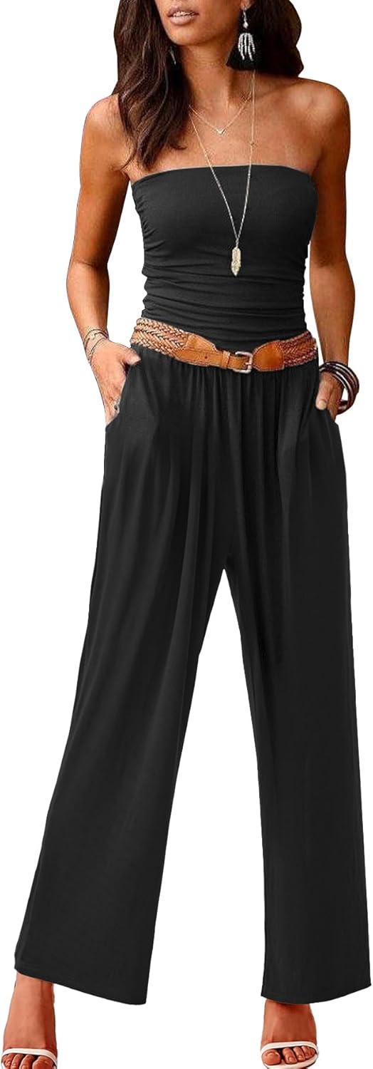 AUXDIO Women's Casual Summer Strapless Jumpsuits Off Shoulder Sleeveless Backless 2026 Wide Leg Romper with Pocket - Image 4