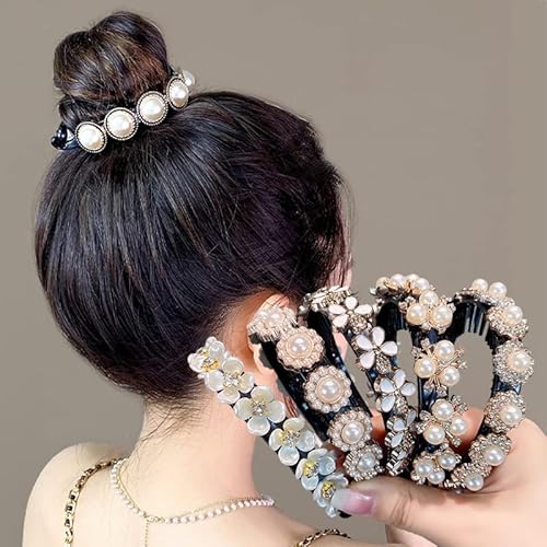 Pinzas para el pelo de plátano con flores, soporte para cola de caballo, peines para el pelo de plátano, pasadores franceses, pinzas para el pelo con diamantes de imitación de perlas para mujer Cover