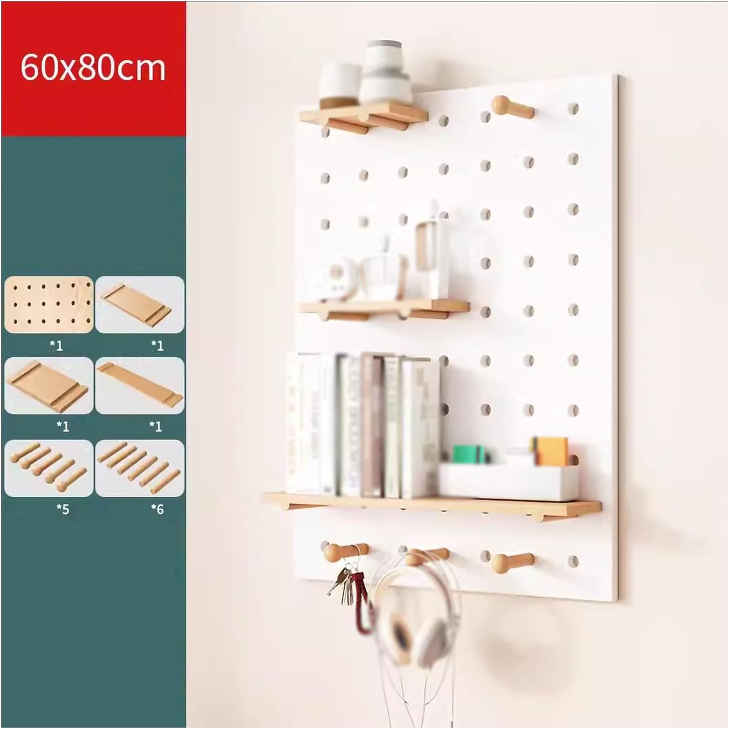 Wooden Pegboard Wall Mounted Display Storage Pegboard Panel Kit Wall Organizer for Home Office Garage (Style 2,60x80cm/23.6x31.4in)