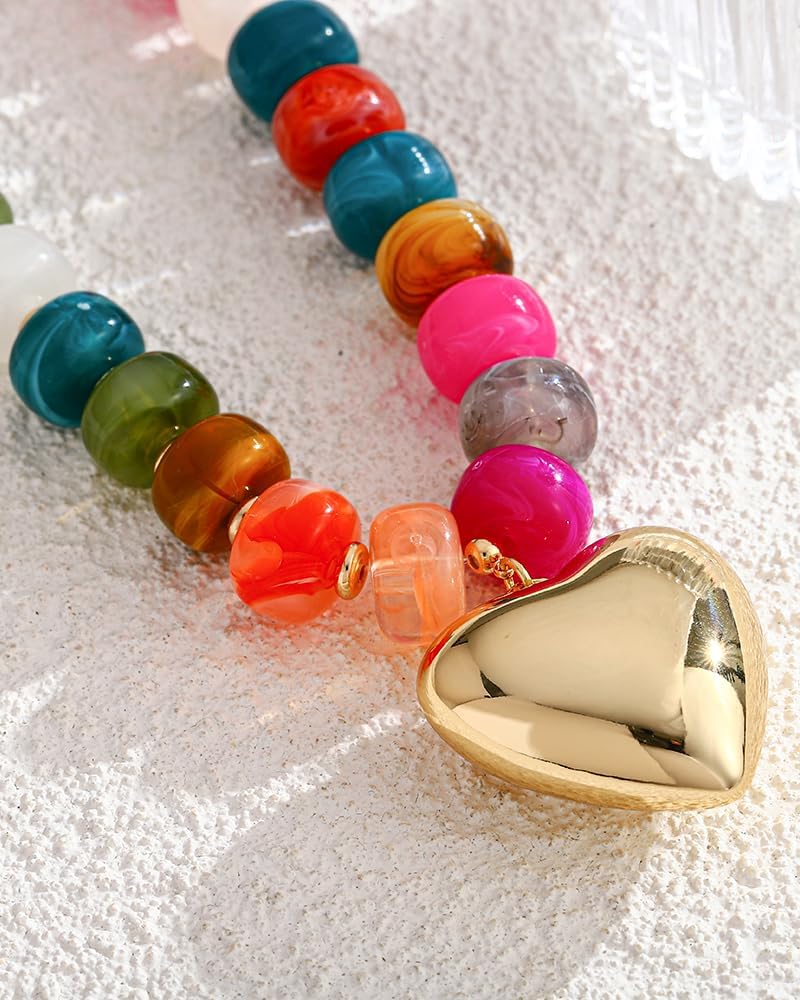 Chunky Heart Necklaces For Women With Colorful Beads Boho Beaded Statement Necklace Short Heart Choker Necklace Gift - Image 4