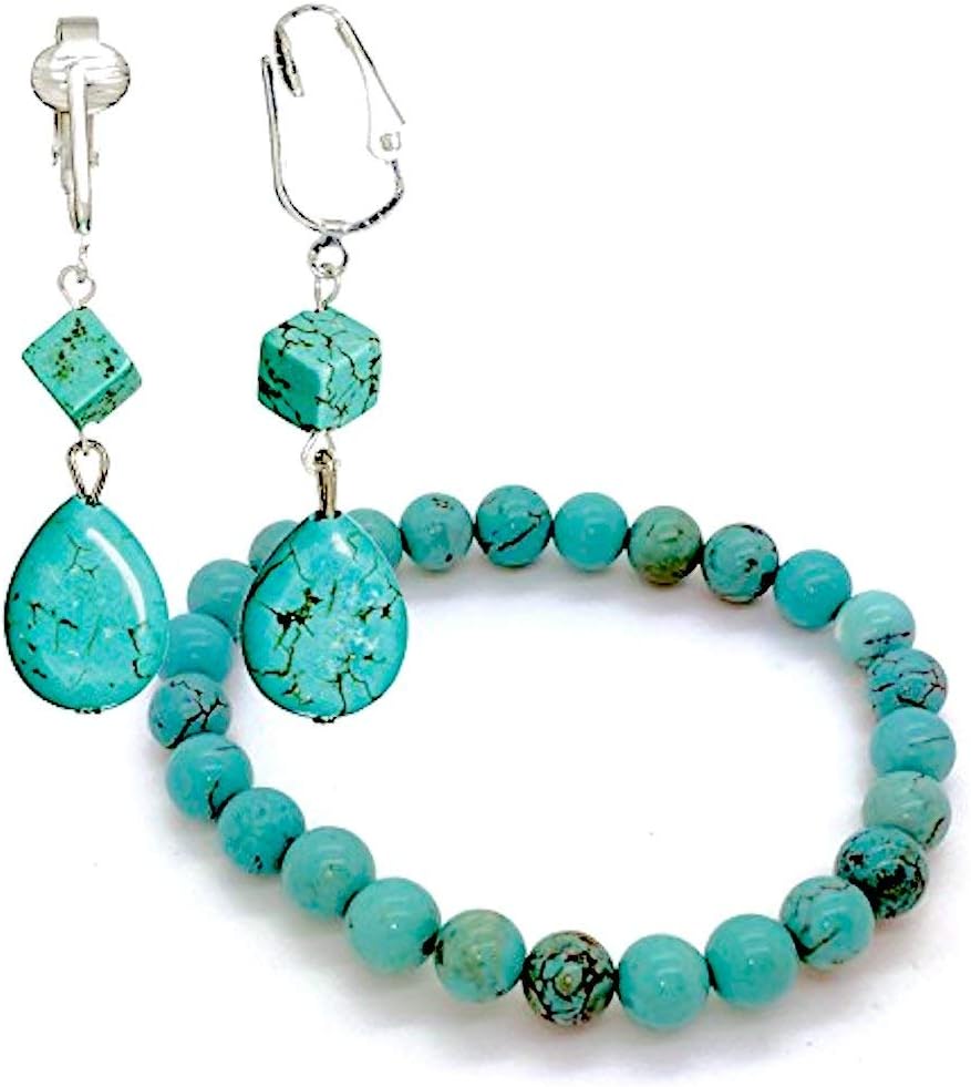Trendy Turquoise Clip On Earrings for Women - Authentic Turquoise Dangle Teardrop, Cube and Briolette Clip-on Earrings with Pierced Look