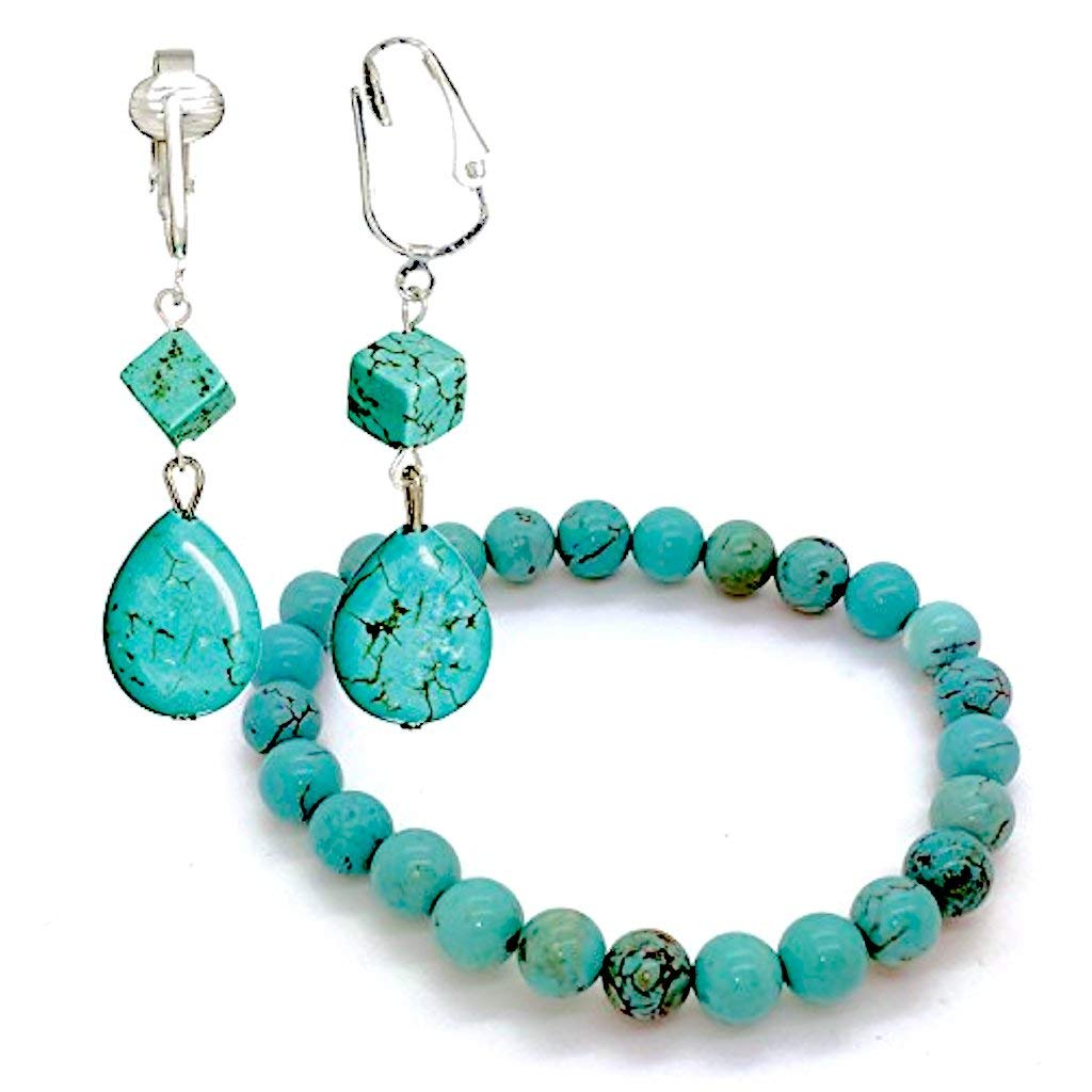 Boucles d'oreilles clip turquoise au fini soigné avec bracelet