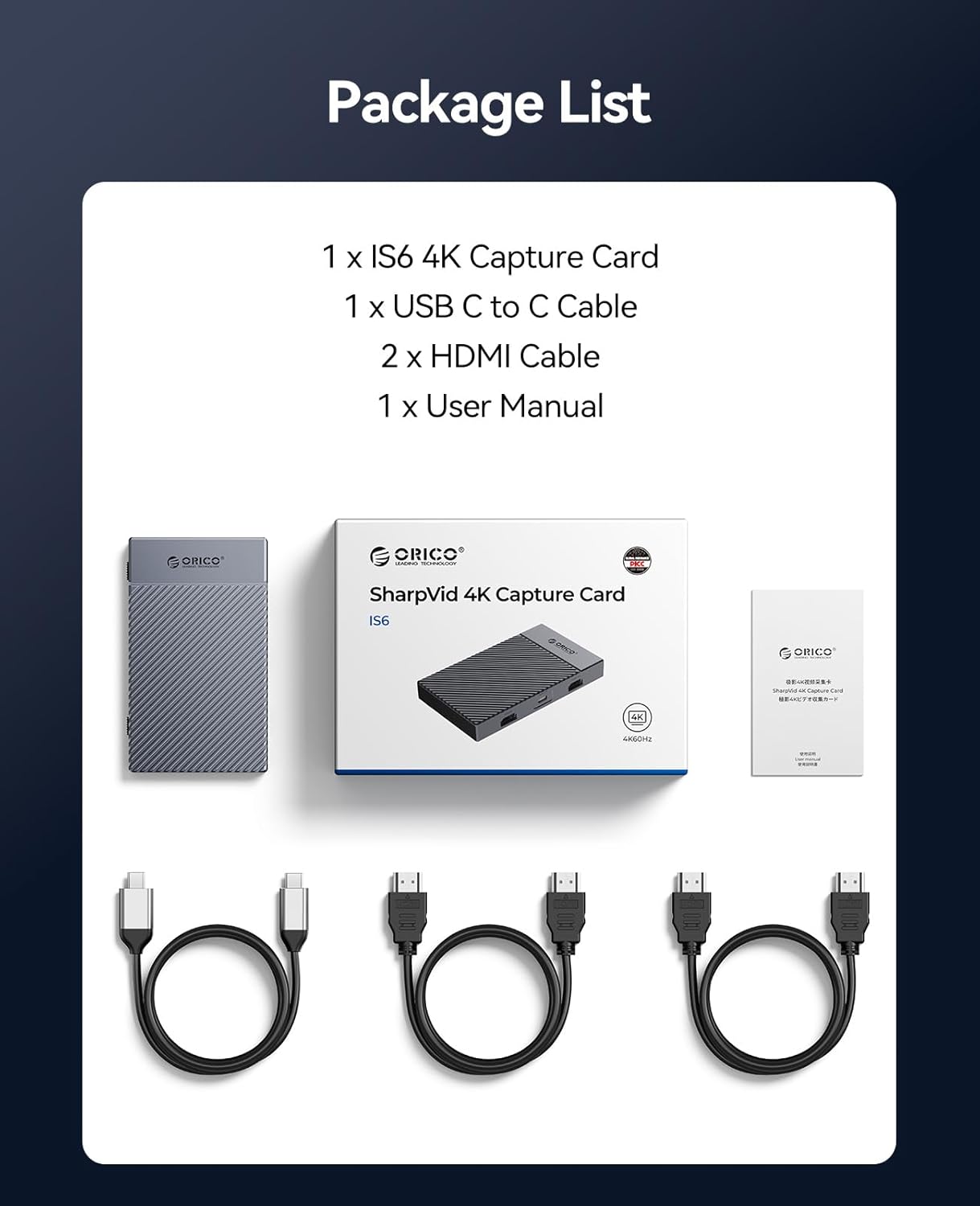 ORICO 4K USB Portable HDMI Capture Card with Dual 4K@60Hz Inputs, Compatible with PS5/Xbox/Switch/OBS and More, for Streaming & Recording Gaming, Works on Laptop, PC, Mac, iPad