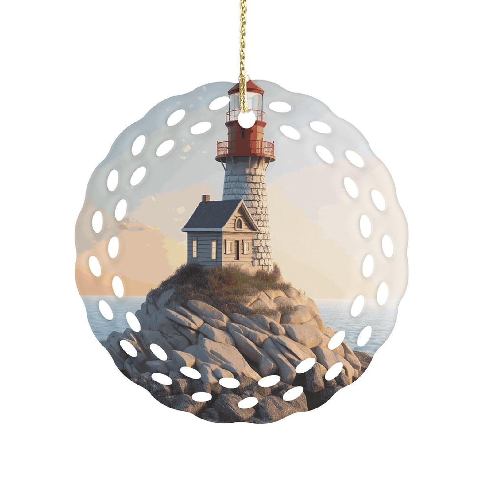 Btcowzrv Style 3D Seaside Lighthouse Ceramic Ornament,Round Ornaments With Hole Easy To Hang,Hanging Ornament For Wedding Party Home Window Garden Christmas Day Decor